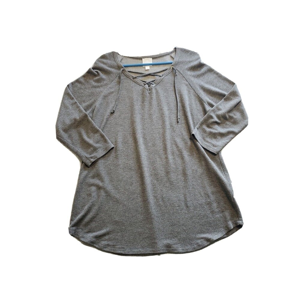 Womens Large Top 3/4 Sleeve Heathered Gray Lace Up Neckline Sunday Tunic Length